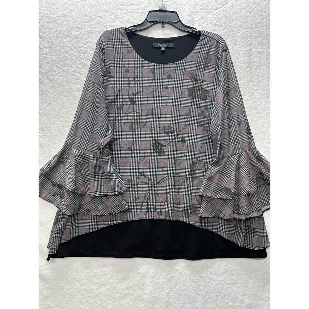 Calessa Womens Size 2X Gray 3/4 Ruffle Sleeve Printed Blouse Top (J6)